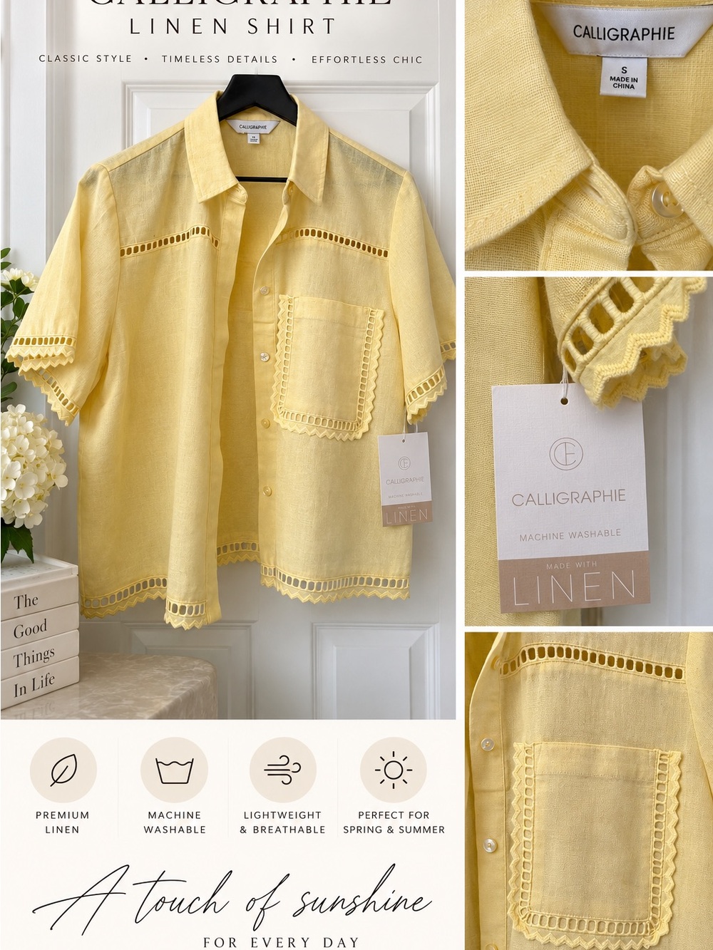 Calligraphie Women's Linen Button-Up Blouse in Soft Yellow